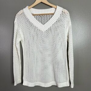 Talbots white V-Neck open Knit Sweater size petite small coastal beachy‎ travel